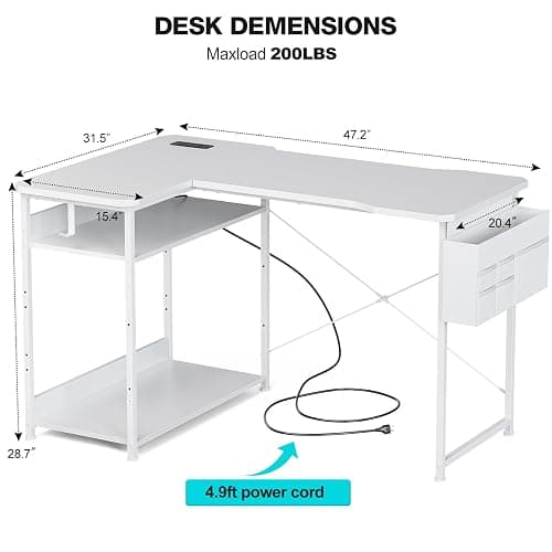 Acrolix L Shaped Gaming Desk 48 Inch - Computer Corner Desk with Power Outlets, Reversible Shelves & Storage Bag for Home Office, PC Gaming Table, White Carbon thumbnail 3