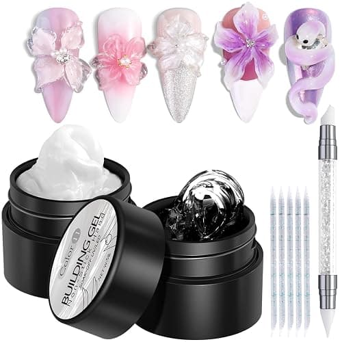 Fcozpjk Solid Builder Gel Kit, 2PCS Clear and White 3D Sculpting Gel Non-Sticky Hand Carving Gels with Silicone Pen Hard Gels for Nails Molding 3D Flowers Nail Design Manicure Salon Supplies - Image 1