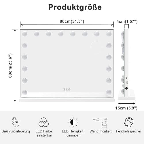 Dripex Hollywood Schminktischspiegel mit Beleuchtung, Hollywood Spiegel mit Beleuchtung, Schminkspiegel mit 18 Lampen und 3 Farbtemperatur Licht, Kosmetikspiegel mit Touch Steuerung, 80 x 60 cm Weiß thumbnail 2