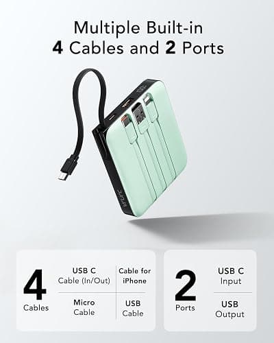 VRURC Portable Charger USB C, Power Bank with Built-in Cable, 10000mAh 20W Battery Pack for iPhone 16 15 14 Samsung Galaxy S23 S22 Google, Note 20, Pixel, Moto, LG Android Phone, Green(1 Pack) thumbnail 5