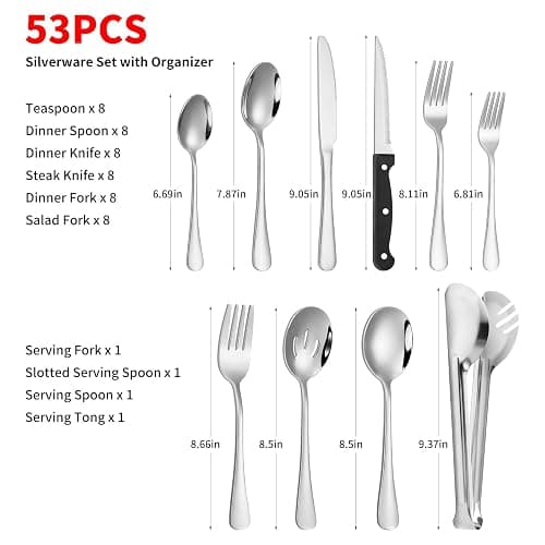 53PCS Silverware Set for 8 with Flatware Drawer Organizer, Stainless Steel Cutlery Set with Steak Knives, Include Spoons and Forks Set & Serving Utensils, Mirror Polished, Silver - 53-Piece - Silver thumbnail 4