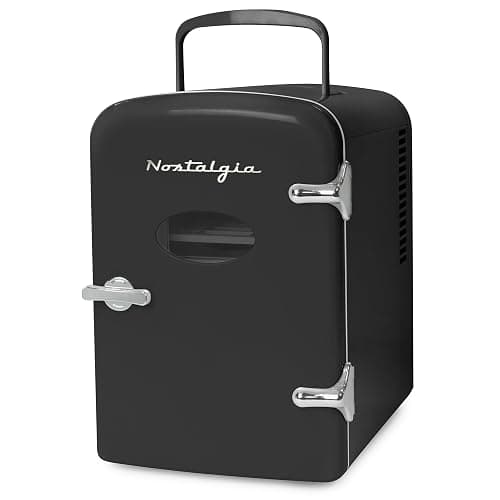 Nostalgia Retro Mini Fridge and Heater 6-Can Capacity, 12-Volt Power Adapter, Carry Handle and Display Window-Perfect for Home, Office, Car, or Dorm Room-Black - Image 1