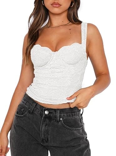 REORIA Women's Summer Sexy Square Neck Sleeveless Going Out Trendy Lace Bustier Tank Crop Tops - Image 1