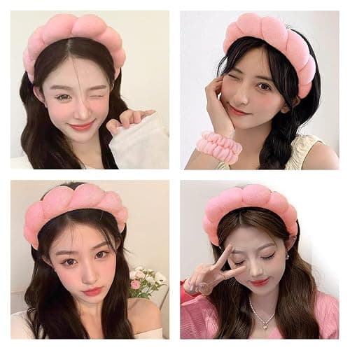 Spa Headbands for Washing Face Wristband Set Sponge Makeup Skincare Headband Wrist Towels Bubble Soft Terry Towel Cloth Hairband for Women Puffy Headwear Non Slip Thick Thin Hair Headwear (Peach pink) thumbnail 4