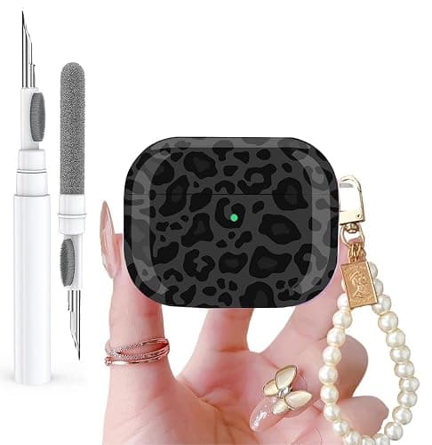 Olytop for Cute Glitter Airpods 4 Case 2024 with Cleaner Pen, Shell Pattern Apple Airpods iPod 4th Generation Case Cover Protective Skin Girl Women with Luxury Pearl Keychain, Black/Grey Leopard - Image 1