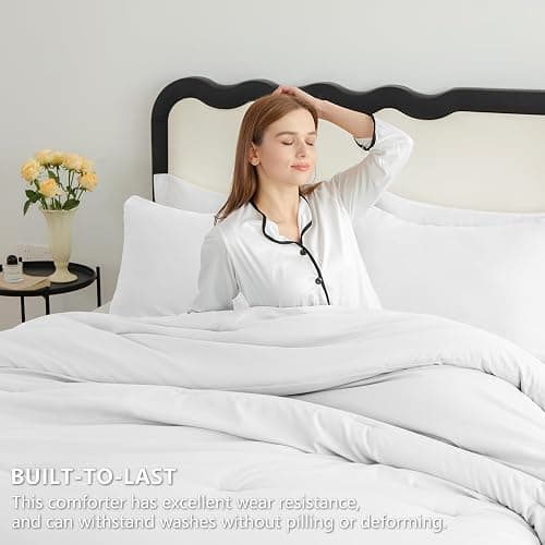 CozyLux White Full Size Comforter Set, 3 Pieces Solid Breathable Quilted Style Bedding Sets, Luxury Fluffy Soft Bed Set with Down Alternative Comforter for All Season (1 Comforter & 2 Pillowcases) thumbnail 2
