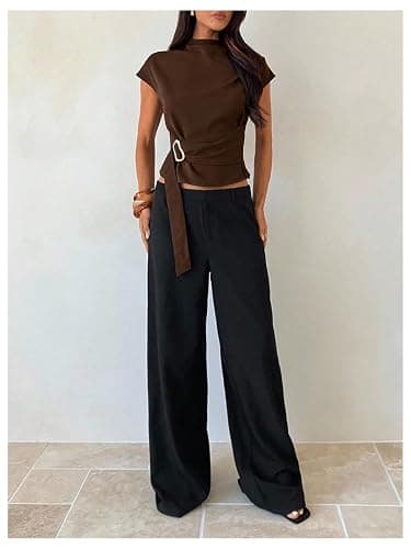 Floerns Women's Buckle Tie Elegant Blouse Mock Neck Shirts Cap Sleeve Business Casual Tops thumbnail 5