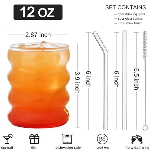 ALINK Bubble Drinking Glasses Tumblers- Wavy Glass Cups Cute Ripple Shaped Vintage Ribbed Glassware- Cocktail, Water, Soda, Juice, Coffee, Milk - 12 oz (350 mL) - Set of 2 thumbnail 3