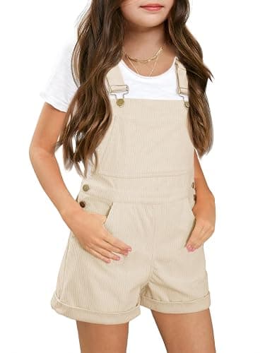 Haloumoning Girls Corduroy Overall Shorts Kids Cute Romper Shortalls with Pockets 5-14 Years - Image 1