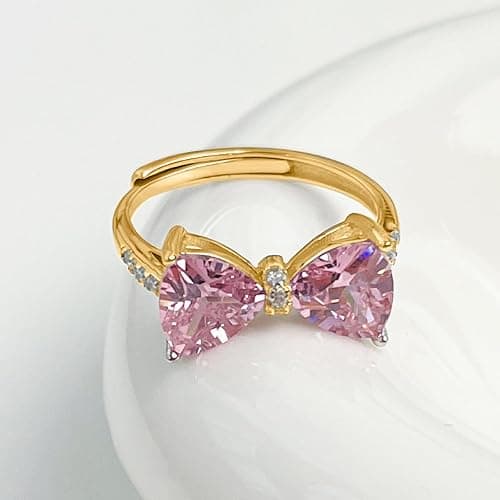 AIBELOPY Pink Bow Rings for Women 925 Sterling Silver 14K Gold Plated Cute Dainty Cubic Zirconia Promise Rings for Her Open Adjustable Stackable Rings Jewelry Birthday Mothers Day Gifts for Her thumbnail 6