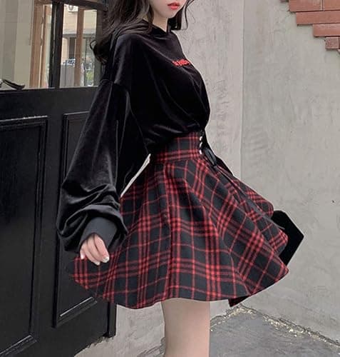 Lunoakvo Women's High Waisted Short A-line Flare Gothic Mini Black Red Plaid Pleated Skirt Dress thumbnail 3