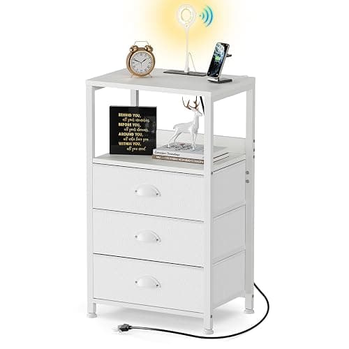 RVHOME White Nightstand with Charging Station & Voice Control LED Light, 28.3" Night Stand with 3 Fabric Drawers, End Table Side Furniture with Tamper-Resistant Outlets, USB Type C Port - Image 1
