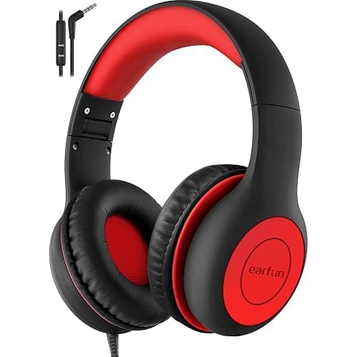 EarFun Kids Headphones Wired with Microphone, 85/94dB Volume Limit Headphones for Kids, Portable Wired Headphone with Shareport, Stereo Sound Foldable Headset for School/Tablet/iPad/Kindle, Black Red - Image 1