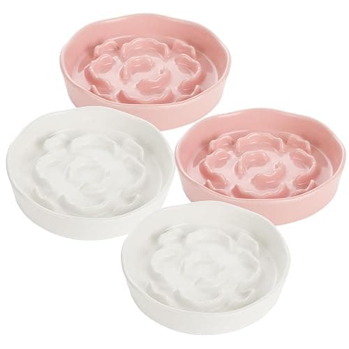 Ghligna 4Pcs Ceramic Cat Slow Food Feeder, 6 Inch Slow Feeder for Small Dogs, Cat Food Bowl for Dry Food and Wet Food, White and Pink - Image 1