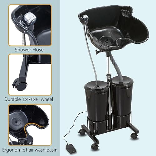 Portable Shampoo Bowl with Electric Pump (Pack of 1) | Adjustable Basin Height, Dual-Bucket Design with Drain Hoses | Home & Barber Use | thumbnail 6