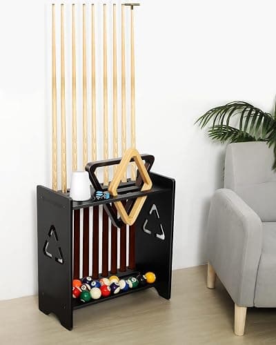 EXTCCT Pool Stick Holder Floor Stand- Billiards Pool Cue Rack Oak Solid Wooden Holds 9 Cues and Pool Table Accessories Organizer with Chalk Cone Holder for Game Room Club or Men Cave thumbnail 2