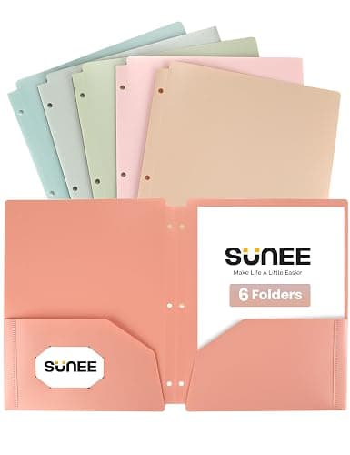 SUNEE 3 Hole Folders with Pockets (6 Pack, Vintage Colors) Plastic Folders for 3 Ring Binder, Heavy Duty Binder Folder for Document for School, Students, Teachers, Office Staf - Image 1