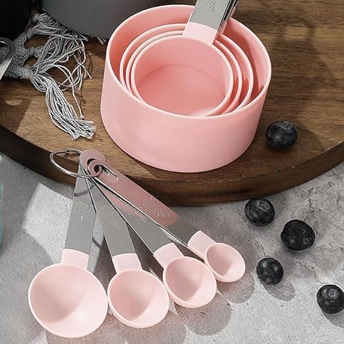JUNEYEHX 8-Piece Pink Measuring Tools - Nylon, 4 Measuring Cups / 4 Measuring Spoons with Metal Handles for Liquids and Solids (Pink) thumbnail 2