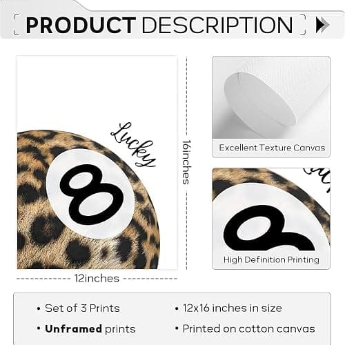 Set of 3 Preppy Cheetah Wall Art Trendy Pink Leopard Canvas Prints Star Lucky 8 Ball Posters Aesthetic Wall Decor Pictures for Girly Bedroom Apartment Dorm Unframed 12x16in thumbnail 7
