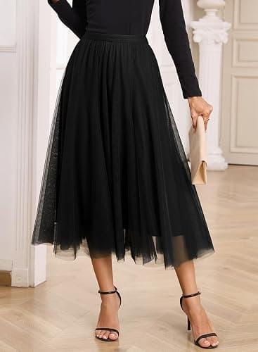 Happy Sailed Womens Tulle Skirt Fall Fashion Elastic High Waisted A-Line Layered Flowy Long Tutu Skirts Date Night Outfits thumbnail 3