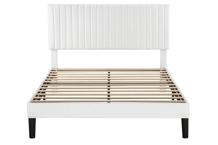 Allewie Queen Bed Frame, Velvet Upholstered Platform Bed with Adjustable Vertical Channel Tufted Headboard, Mattress Foundation with Strong Wooden Slats, Box Spring Optional, Easy Assembly, White thumbnail 9
