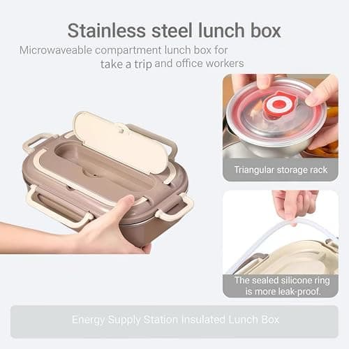 Adult Lunch Box Set, Five Compartments, Stainless Steel Construction, Easy to Clean, Heats Food by Adding Hot Water. thumbnail 6