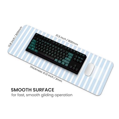 MAY FLOWER Large Aesthetic Mouse Pad, Full Kawaii Keyboard Mat with Cozy Striped Pattern, Cute Computer Mouse Mat, Anti-Slip Rubber Base, 31.5 x 11.8 Inches (Light Blue) thumbnail 4