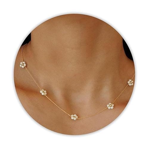 SmileBelle Pearl Necklaces for Women, Daisy Pearl Choker as Y Shaped Pearl Jewelry Gold Heart Necklace for Anniversary Birthday Gifts White Baroque Necklace as Wedding Jewelry