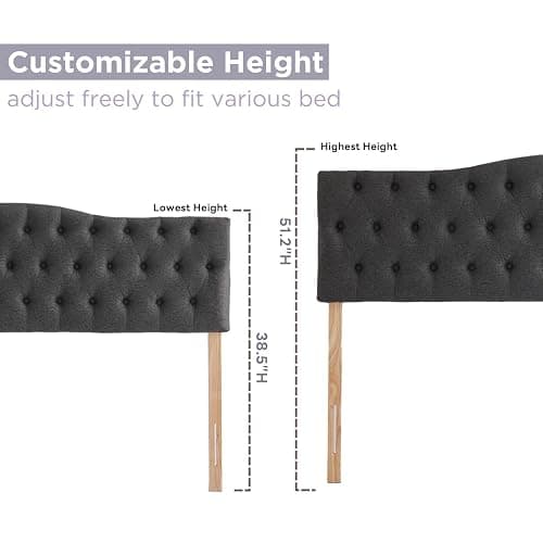 Iroomy Upholstered Queen Headboard, Button Diamond Tufted Headboard with Adjustable Height and Solid Wood Leg, Linen Padded Headboards for Queen Size Bed, Modern Head Board, Dark Grey thumbnail 2