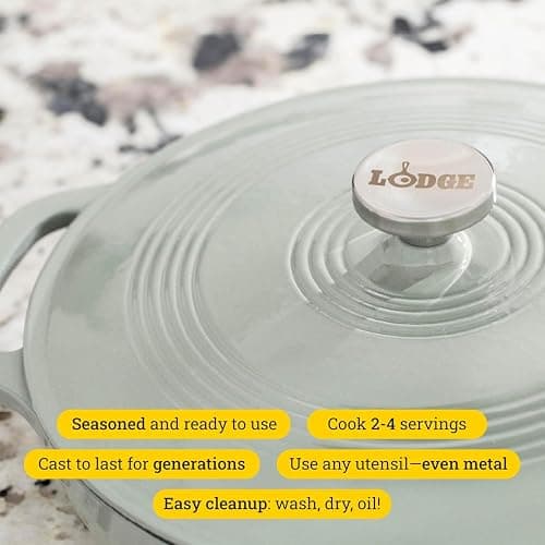 Lodge 3.6 Quart Oval Enameled Cast Iron Braiser Pan Casserole With Lid – Dual Handles – Stovetop, and Oven Safe up to 500° F - Use to Marinate, Cook, Bake, Refrigerate and Serve – Desert Sage thumbnail 4