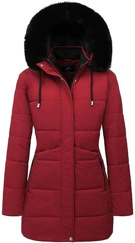 MOERDENG Women's Winter Puffer Coat Thicken Fleece Lined Down Jacket Waterproof Faux Fur Detachable Hooded Parka - Medium - Red - Image 1
