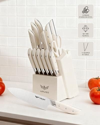 Haugo Kitchen Knife Set with Block: 14-Piece German Stainless Steel Full Tang Professional Knife - Comfortable Grip Reduces Hand Fatigue 30% - Dishwasher Safe & Sharpener - White Knife Set for Cooking thumbnail 4