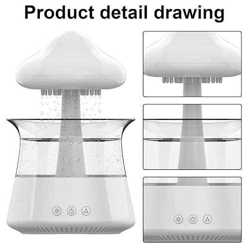 Cloud Rain Humidifier for bedroom with Soothing Rain Sounds - Bedroom Sleep Aid, Waterfall Night Light, Mushroom Design Air Moisturizer for bedroom and living room (White) thumbnail 4