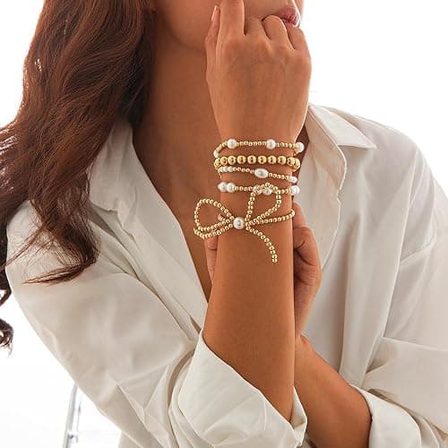 NIQIPOK Gold Bow Bracelet for Women Gold Beaded Bracelet Pearl Bead Bracelet Stackable Stretch Bead Ball Bracelet Gold Statement Jewelry Accessories thumbnail 6