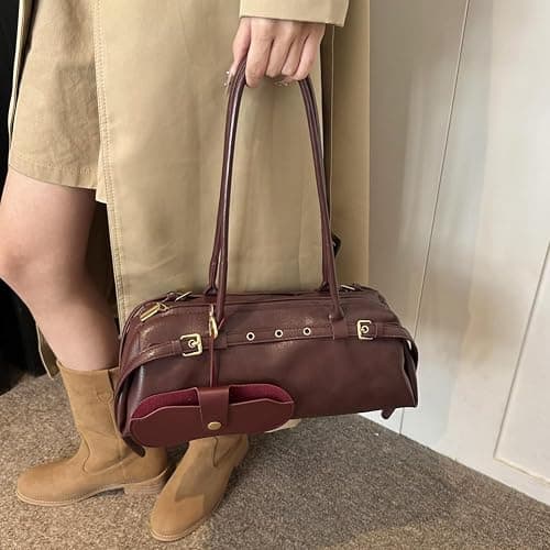 ALINUOYQ Boston Shoulder Bags for Women PU Leather Tote Bag Casual Bowling Bag Purse Retro Underarm Bag thumbnail 2