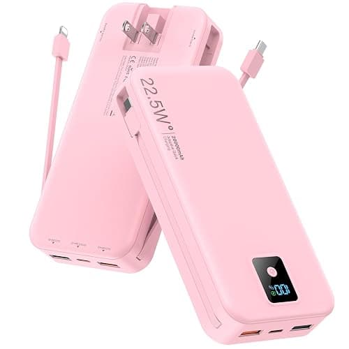 Rngsnoy Portable Charger 20000mAh 22.5W w/Built-in Cable & Wall Plug Pink | High capacity, Fast charging, Built-in cables & wall plug, LED display, Charge 5 devices at once, Pass through, TSA approved - Image 1
