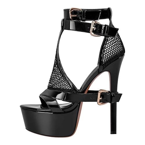 onlymakerheels Women's High Stiletto Heels Platform Mesh Buckle Open Toe Ankle Strap Dress Shoes Sandals - Image 1