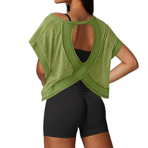UNIANKIYA Open Back Workout Tops for Women Loose Fit Athletic Crop Tee Short Sleeve Gym Running Yoga Shirt - Image 1