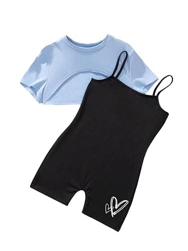 SweatyRocks Girl's 2 Piece Outfits Cut Out Short Sleeve Crop Top and Heart Print Cami Short Jumpsuit Set - 10Y - Multicolor - Image 1