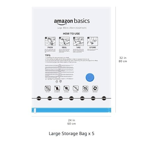 Amazon Basics Vacuum Compression Space Saving Storage Bags with Hand Pump, Large, Pack of 5, Clear thumbnail 3