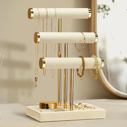 Josmimic Schmuck Organizer mit 3 Ebenen - Beige Schmuckständer Armbänder, Abnehmbarer T-Steg Schmuck Ständer, Samt-Armbandhalter, Schmuckhalter für Armband, Halskette, Uhren, Ringe thumbnail 2