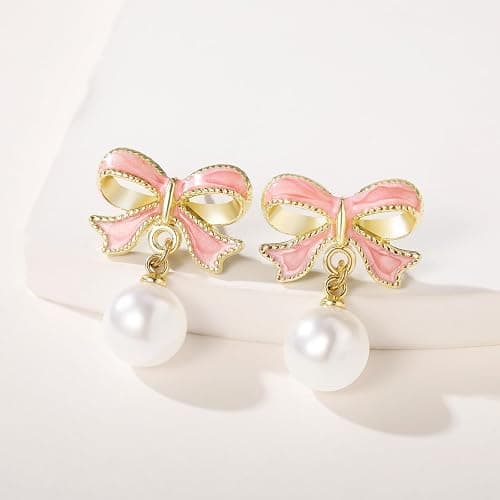 Gold Bow Earrings for Women, Long Tassel Chain Drop Earrings, Trendy Small Bow Earrings, Ribbon Waterfall Dangling Earrings, Pearl Bow Earrings, Sparkly Elegant Bowknot Preppy Jewelry Gifts for Women thumbnail 3