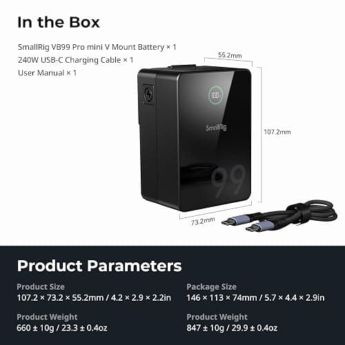 SMALLRIG V Mount Battery VB99 Pro, 99Wh / 6800mAh Mini V-Mount Battery | 100W Output, 2.5H Full Charge, PD 3.0 Fast Charging, for Filmmakers, Cameras, Camcorders, Phones, Monitors, Video Lights thumbnail 9