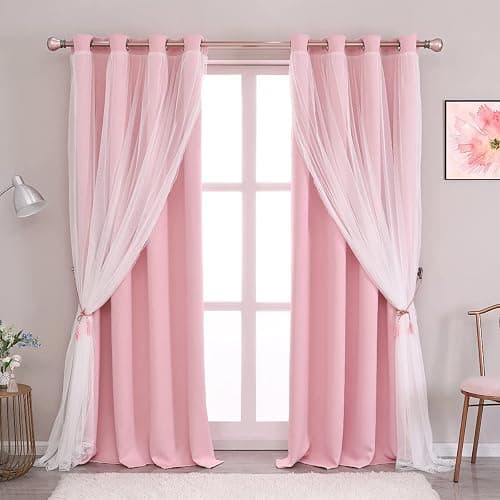 SOFJAGETQ Pink Curtains 84 inch Length - Double Layers Blackout and Sheer with Lace Hem Window Curtains & Draperies Panels for Kids/ Girls Bedroom Living Room Nursery, 2 PCs - 52 x 84 White - Image 1