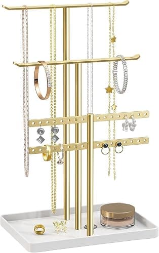 pickpiff Porta Collane e Gioielli da Comodino - Espositore Organizer con Appendere e Appenditi per Orecchini Lunghe, Portagioie a 3 ripiani - Image 1