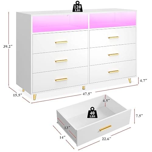 EnHomee White Dresser with LED Lights, 6 Drawers & 2 Open Shelves Top Dresser for Bedroom, Wood Chests of Drawers thumbnail 2