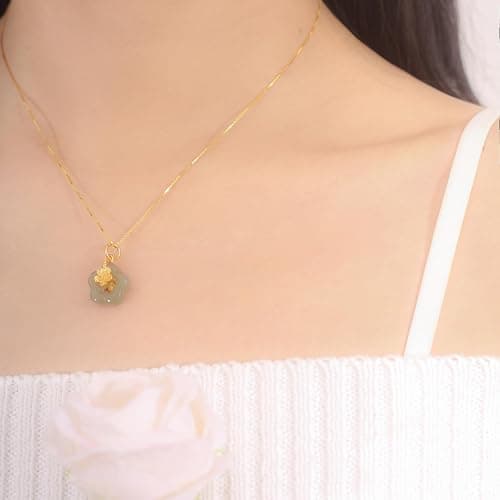 LOOYUUPEE Natural Hetian Jade Necklace for Women, Dainty Jade Flower Charm Pendant Adjustable Choker Necklace Jewelry Chain Gift for Mom Lover Her (925 Sterling Silver with Gold Plated) thumbnail 4