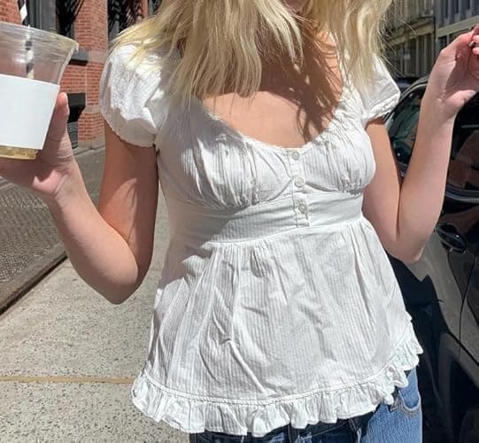 Women Y2k Gingham Top Lace Trim Scoop Neck Short Sleeve Tees Ruffle Hem Aesthetic Shirt Coquette Clothes - White - Small thumbnail 2