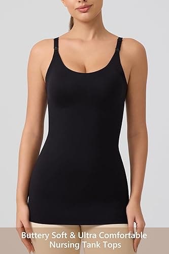 Angelhood Maternity Nursing Tank Tops for Breastfeeding, Women's Seamless Nursing Maternity Cami Built in Bra - Large - Black thumbnail 7