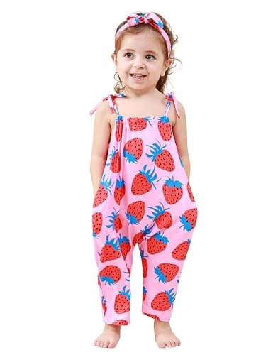 Lindanina Toddler Baby Girls Romper Sleeveless Jumpsuit Summer Clothes Adjustable Tie-Up Strap with Pocket Headband 1-5T - Image 1